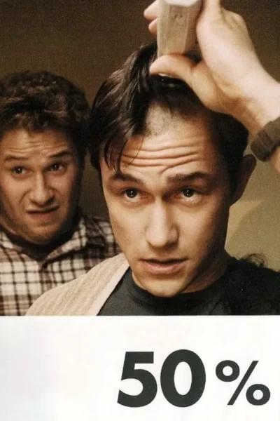 Um homem raspa a cabeça, olhando sério para a câmera. Outro atrás dele faz careta, chocado. Abaixo, texto 50%.