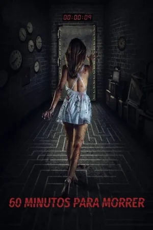 Mulher ensanguentada em vestido claro caminha em corredor escuro. Relógios, temporizador 00:00:09 e piso labiríntico criam tensão.