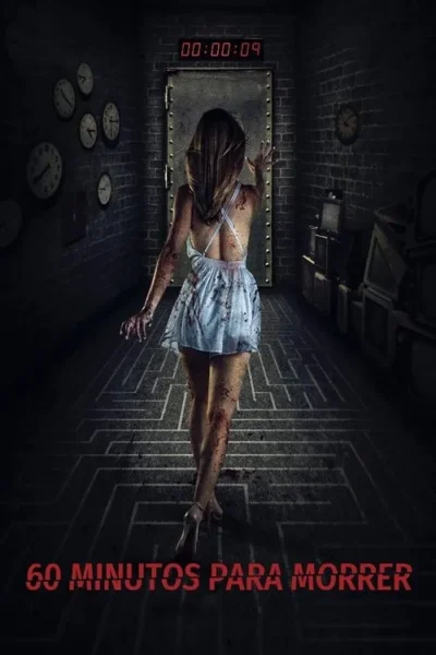 Mulher ensanguentada em vestido claro caminha em corredor escuro. Relógios, temporizador 00:00:09 e piso labiríntico criam tensão.