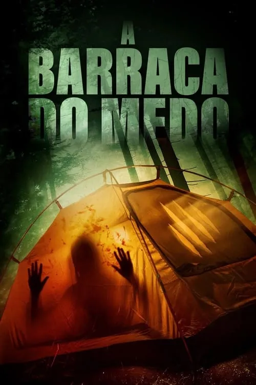 Pôster de terror:Silhueta de pessoa aterrorizada dentro de uma barraca ensanguentada na floresta escura.