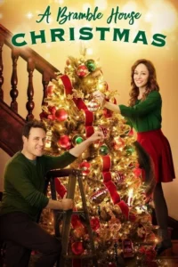 Um casal feliz decora uma árvore de Natal ricamente iluminada com enfeites vermelhos e verdes. Ambiente festivo e acolhedor.