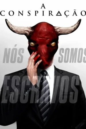 Homem de terno com máscara de touro vermelha e chifres, sangue escorrendo da mão que toca a máscara. Clima sombrio e inquietante.