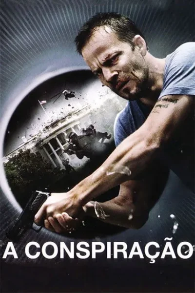 Homem ferido com arma em primeiro plano. Ao fundo, uma Casa Branca em caos é atacada por helicópteros e tropas, clima de tensão.