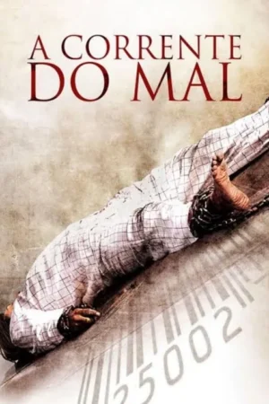 Pessoa acorrentada, de bruços, vestindo xadrez, sobre um chão com código de barras. Imagem sombria de cativeiro.