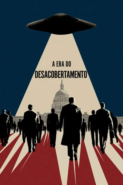 A Era do Desacobertamento 1 Disco voador sobre o Capitólio. Homens de terno caminham para o prédio,iluminados pelo feixe de luz da nave. Estilo retro.