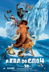 Pôster animado: mamute, preguiça, tigre e esquilo em iceberg. Piratas e mais criaturas em gelo e mar agitado. Aventura.