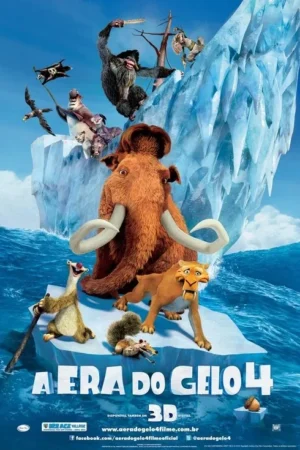 Pôster animado: mamute, preguiça, tigre e esquilo em iceberg. Piratas e mais criaturas em gelo e mar agitado. Aventura.