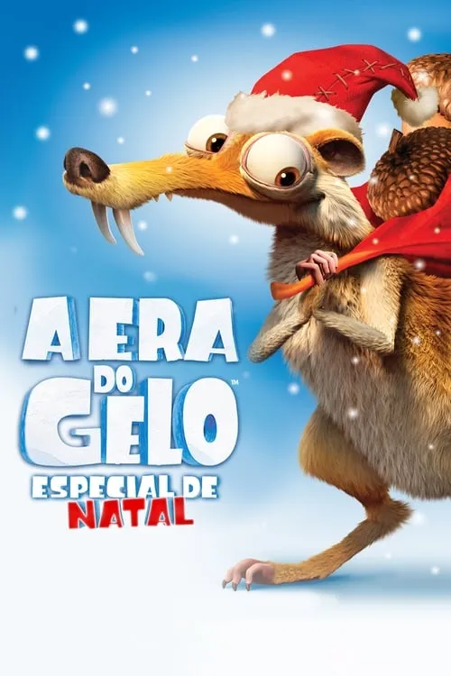 Esquilo pré-histórico de olhos arregalados com chapéu de Papai Noel e saco de bolotas,sob neve caindo. Clima festivo.