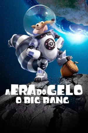 Esquilo animado em traje espacial robótico branco e azul com capacete transparente. Ele segura uma bolota num asteroide, com a Terra ao fundo.