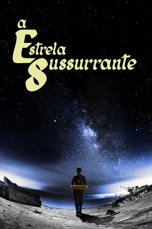 Pessoa caminha em paisagem desolada com destroços sob céu noturno estrelado, Via Láctea visível. Segura uma caixa amarela.