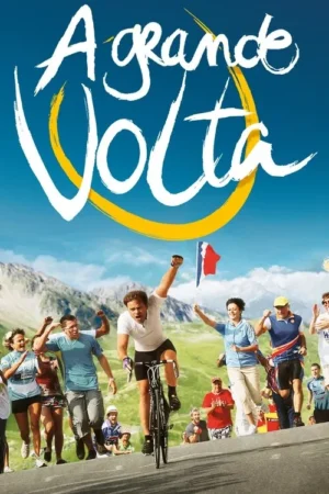 Pôster vibrante: ciclista sorri vitorioso subindo montanha, rodeado por fãs e bandeira francesa. Clima alegre sob céu azul.