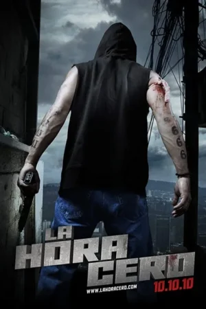 Homem de capuz e jeans, de costas, segura pistola. Braço ferido e tatuado. Vê cidade sob céu escuro e ameaçador.