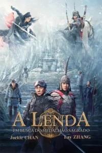 Pôster épico:personagens modernos e antigos em cenário de neve. Guerreiros com espadas e arcos,um templo congelado. Aventura e ação.