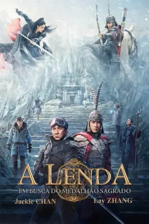 Pôster épico: personagens modernos e antigos em cenário de neve. Guerreiros com espadas e arcos, um templo congelado. Aventura e ação.