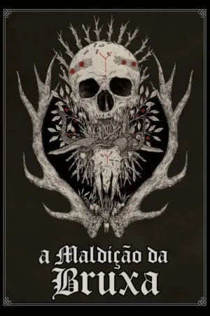 Pôster sombrio: crânio humano com galhos, sobre crânio de cervo, cercados por cobra, chifres e bagas. Clima místico/horror.