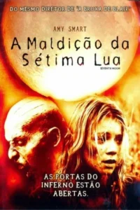 Pôster de horror:lua cheia gigante,uma mulher apavorada e um monstro careca com dentes afiados,em tons avermelhados e laranjas.