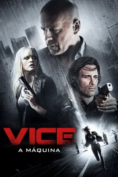 Pôster sombrio: Um homem careca, uma mulher loira com pistola e um homem com pistola, contra uma cidade futurista digital. Clima de ação e suspense.