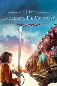 Jovem com espada forjada, ao lado de um dragão colossal de olhos azuis, em cenário nevado com céu mágico. Atmosfera fantástica.