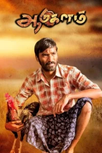Homem barbudo de camisa xadrez e lungi, com expressão séria, segura um galo. Fundo rural em tons quentes.