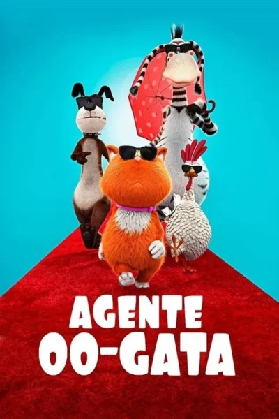 Gato laranja de óculos escuros lidera equipe animada: cachorro, zebra com guarda-chuva e galinha, todos com óculos. Tapete vermelho e fundo azul.