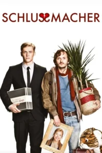 Dois homens surpresos,um formal com caixa Happy End,outro desarrumado com planta e foto. Fundo branco. Clima cômico.