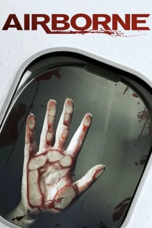 Mão coberta de sangue pressionada contra a janela oval de um avião. A imagem sombria evoca horror e desespero.