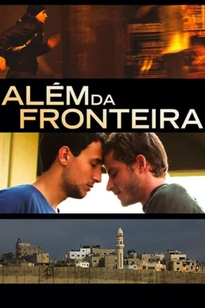 Pôster: homem corre, dois homens encostam as testas em momento íntimo. Abaixo, cidade murada com minarete sob céu escuro. Drama e tensão.