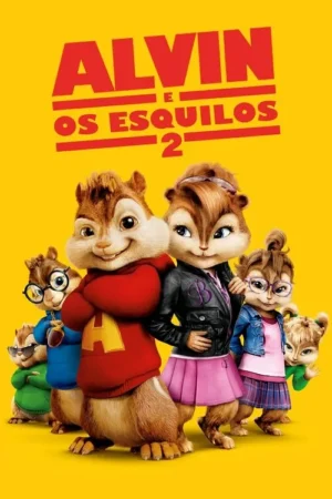 Pôster com seis esquilos animados, com roupas estilosas, incluindo um de moletom vermelho, sorrindo em fundo amarelo. Clima alegre.