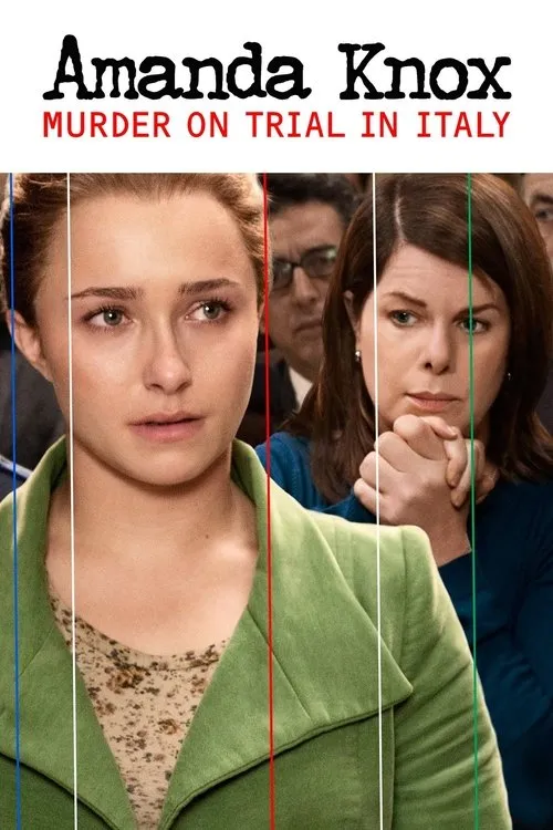 Amanda Knox:Julgamento na Itália 1 Duas mulheres sérias:uma jovem de casaco verde,outra de azul,mãos cruzadas. Linhas verticais coloridas as dividem. Fundo com pessoas borradas. Clima tenso e judicial.