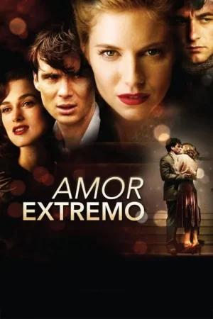 Pôster dramático com três rostos em close-up de expressões intensas. Embaixo, um casal se beija. Tons dourados e clima romântico.