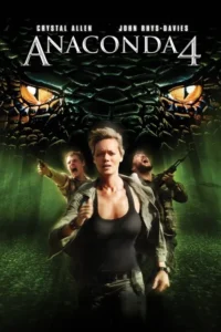 Pôster de suspense. Olhos amarelos de cobra enorme acima de três pessoas aterrorizadas correndo numa selva escura,um atira,outro grita.