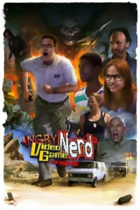 Pôster vibrante: Homem nerd corre assustado, cercado por um grupo diverso, robôs, fogo e um palhaço assustador. Ação e aventura.