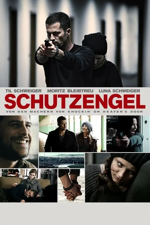 Homem armado protege jovem em ambiente industrial. Colagem exibe cenas de ação,afeto e perigo. Clima de thriller dramático.