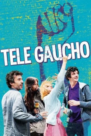 Pôster com fundo azul vibrante e punho erguido. Quatro pessoas jovens e expressivas, incluindo uma repórter e alguém com câmera.