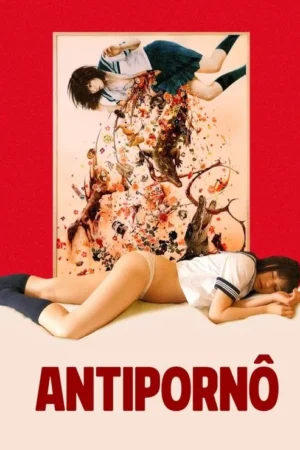 Pôster vermelho. Uma colegial cai, explodindo em flores e objetos numa pintura. Outra deitada, de costas, em roupa íntima. Surreal e enigmático.