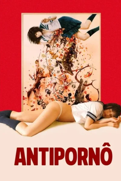 Pôster vermelho. Uma colegial cai, explodindo em flores e objetos numa pintura. Outra deitada, de costas, em roupa íntima. Surreal e enigmático.