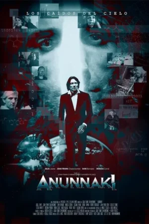 Homem de terno sobre a Terra, rosto fantasma no fundo. Imagens de terror, sci-fi e símbolos científicos. Tons azul e vermelho. Clima sombrio.