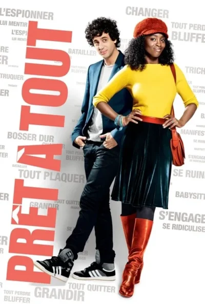 Pôster alegre: jovem casal sorridente em destaque. Ele de blazer azul, ela de boina laranja e blusa amarela. Fundo branco com palavras.