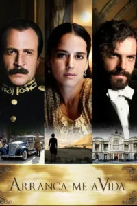 Três rostos em destaque:um militar,uma mulher e um homem barbudo. Cenários:carros antigos,campos e um palácio. Clima de drama histórico.
