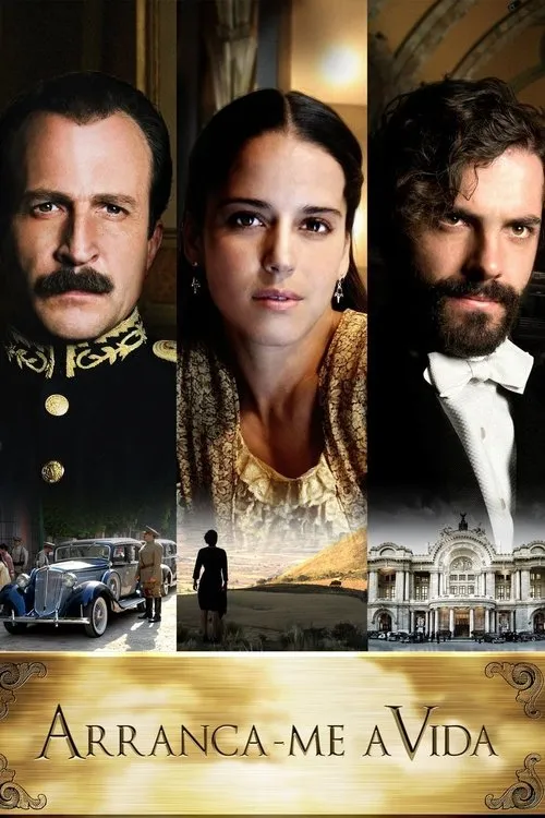 Arranca-me a Vida 1 Três rostos em destaque:um militar,uma mulher e um homem barbudo. Cenários:carros antigos,campos e um palácio. Clima de drama histórico.
