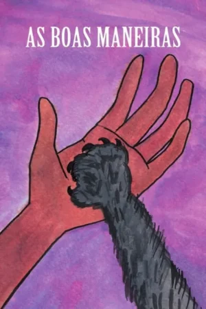 Mão humana vermelha segura pata peluda e com garras, sobre fundo roxo. Sugere conexão e mistério.