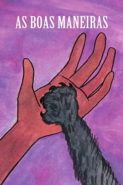 Mão humana vermelha segura pata peluda e com garras, sobre fundo roxo. Sugere conexão e mistério.