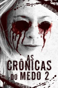 Rosto pálido de mulher com olhos sangrando,escorrendo sangue pelas bochechas. Pôster de terror granulado com clima sombrio.