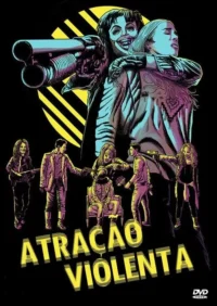 Pôster neon. Palhaço ameaça mulher com espingarda. Abaixo,grupo de personagens armados em cena violenta com refém. Clima sombrio e caótico.
