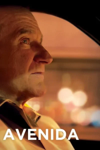 Homem idoso de perfil dentro de um carro, olhando para luzes noturnas da cidade. Clima pensativo.