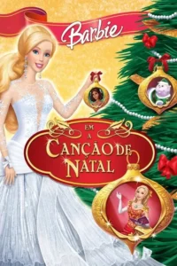 Pôster animado de Natal. Mulher loira em vestido branco de neve sorri,segurando um ornamento. Uma árvore de Natal decorada com outros personagens e um gato. Clima festivo.