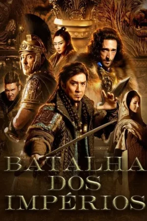 Pôster com vários guerreiros em armaduras e trajes antigos, alguns segurando armas. Fundo dourado ornamentado.