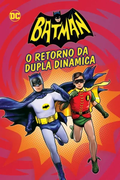 Dois heróis mascarados, um de cinza e azul, outro de vermelho e verde, correm sobre um fundo vibrante pop-art vermelho e laranja.