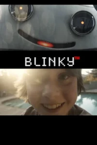 Pôster dividido: robô cinza sorridente com olhos amarelos e boca vermelha. Abaixo, menino loiro sorrindo sob luz solar forte, com piscina desfocada.