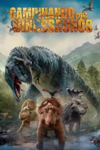 Pôster com dinossauros. Um grande carnívoro azul ameaçador atrás de três dinossauros menores com chifres na água. Montanhas e pterossauros ao fundo.
